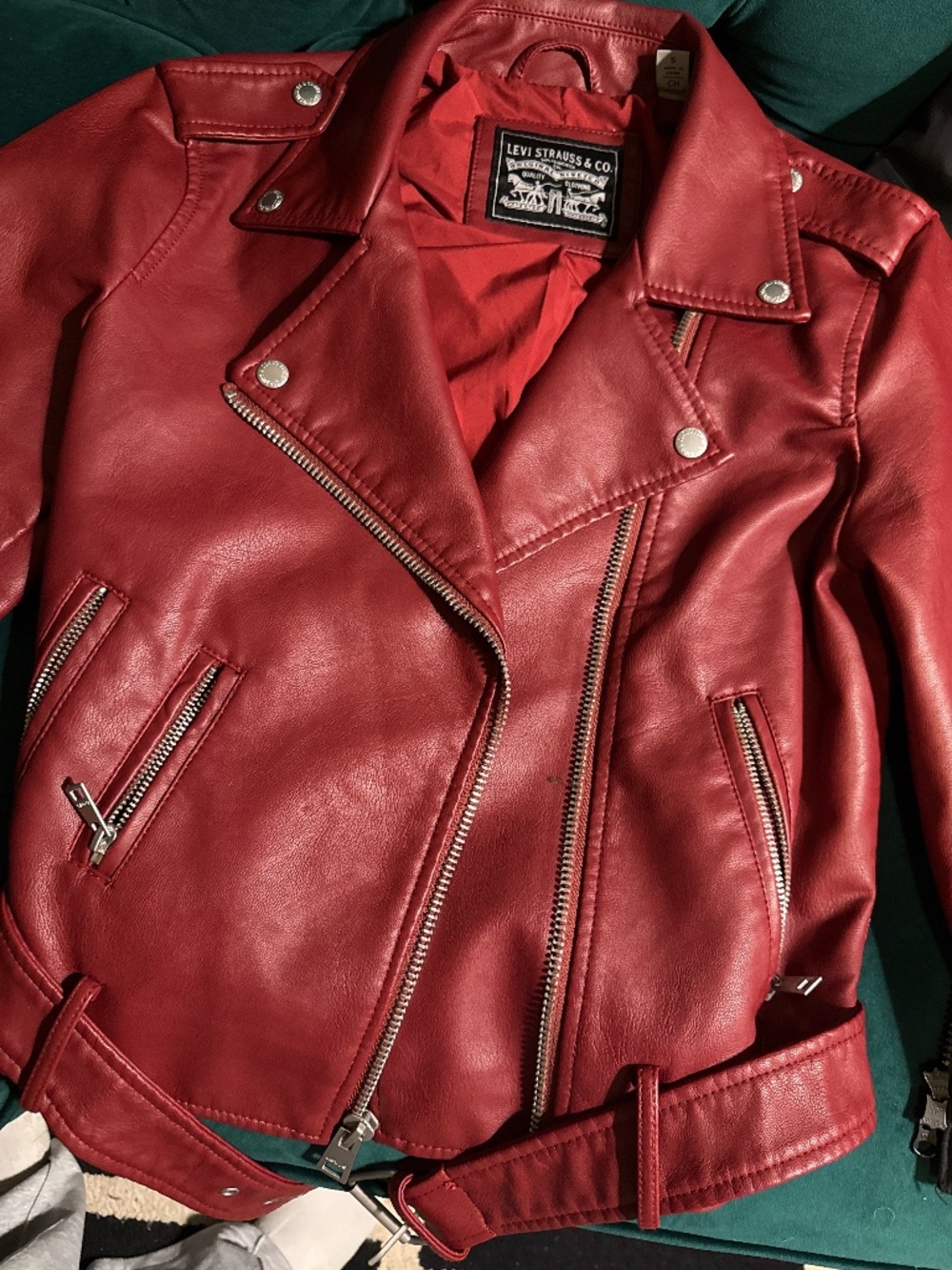 Levi’s Red Moto Jacket Women’s Small Faux Leather Biker Zip Belt